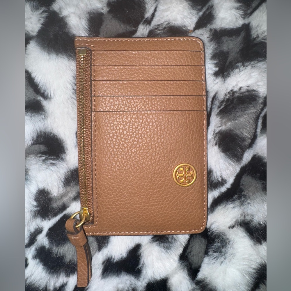 Tory Burch Brown Leather Card Holder with Gold Logo